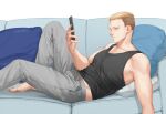  1boy blonde_hair brown_eyes brown_hair couch feet_out_of_frame grey_pants hair_strand highres holding holding_phone lying male_focus midriff_peek o3tofu on_back on_couch pants pectorals phone porco_galliard shingeki_no_kyojin short_hair sidepec solo toned toned_male 