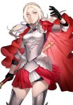  1girl absurdres alternate_costume alternate_hairstyle armor axe bangs black_gloves breastplate cape edelgard_von_hresvelg fire_emblem fire_emblem:_three_houses fire_emblem_warriors:_three_hopes gloves hair_ornament hair_ribbon hanny_(uirusu_chan) highres long_hair long_sleeves looking_at_viewer official_alternate_costume official_alternate_hairstyle red_cape ribbon simple_background skirt solo thigh-highs violet_eyes weapon white_hair 