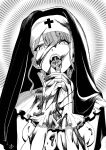  1girl absurdres bangs blood blood_on_face blunt_bangs breasts cross earrings fangs forked_tongue gloves green_eyes greyscale highres jewelry long_hair looking_at_viewer monochrome nun open_mouth original own_hands_together praying solo teeth tongue tongue_out vampire veil yonei_kaoru 