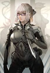  bodysuit breasts brown_eyes glasses gloves hair_ornament knife looking_at_viewer maeshima_shigeki multiple_girls original short_hair weapon white_hair 