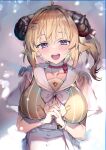  1girl :d animal_ears blonde_hair breasts collarbone commentary curled_horns english_commentary engrish_commentary hair_ornament hairclip highres hololive horns interlocked_fingers large_breasts looking_at_viewer midriff neck_ribbon open_mouth own_hands_together red_ribbon redcomet ribbon round_teeth sheep_ears sheep_girl sheep_horns short_hair short_sleeves side_ponytail smile solo teeth tsunomaki_watame upper_body upper_teeth violet_eyes virtual_youtuber 