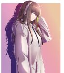  1girl 3_small_spiders absurdres bangs blush brown_eyes brown_hair closed_mouth eyebrows_visible_through_hair girls_frontline hand_on_head headphones highres hood hoodie long_hair looking_at_viewer m4a1_(girls&#039;_frontline) multicolored_hair shadow simple_background smile solo upper_body white_hoodie 