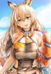  1girl animal_ears arknights bag bare_shoulders blurry blurry_background breasts brown_eyes ceobe_(arknights) ceobe_(summer_flowers)_(arknights) chain_necklace coat commentary_request dog_ears dog_girl highres large_breasts navel open_clothes open_coat open_mouth orange_hair sky smile solo swimsuit yokaze_(yokajie) 