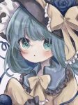  1girl bangs black_headwear blue_flower blue_rose blush bow bowtie dorowa_(drawerslove) eyebrows_visible_through_hair flower frilled_sleeves frills green_eyes green_hair hat hat_bow heart heart_of_string highres komeiji_koishi long_sleeves looking_at_viewer open_mouth rose short_hair simple_background solo third_eye touhou upper_body white_background yellow_bow yellow_bowtie 