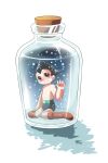  1boy atom_(tetsuwan_atom) black_hair blush bottle highres locked no_humans red_eyes robot snow spiky_hair tetsuwan_atom 