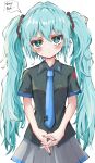  1girl absurdres aqua_eyes aqua_hair aqua_nails bangs black_shirt blue_necktie closed_mouth collared_shirt cowboy_shot english_text eyebrows_visible_through_hair grey_skirt hatsune_miku highres kayon_(touzoku) long_hair looking_at_viewer necktie own_hands_together shirt short_sleeves simple_background skirt solo speech_bubble standing tears twintails vocaloid white_background 