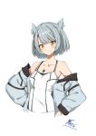  absurdres animal_ear_fluff animal_ears aotsuba bangs bare_shoulders blush bob_cut camisole cat_ears cat_girl chest_jewel closed_mouth collarbone cropped_torso eyebrows_visible_through_hair flat_chest grey_jacket highres jacket long_sleeves looking_at_viewer mio_(xenoblade) off_shoulder open_clothes open_jacket short_hair signature silver_hair simple_background smile tank_top upper_body white_background white_tank_top xenoblade_chronicles_(series) xenoblade_chronicles_3 yellow_eyes 