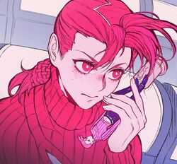  1boy absurdres bright_pupils figure freckles frog highres indoors jojo_no_kimyou_na_bouken pink_eyes pink_hair pink_sweater seul4005 solo sweater turtleneck turtleneck_sweater upper_body vinegar_doppio 