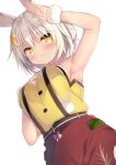  1girl :&lt; animal_ears animal_print arm_up armpits bunny_print dutch_angle eyebrows_visible_through_hair flower_knight_girl from_below highres huei_nazuki looking_at_viewer medium_hair rabbit_ears simple_background solo upper_body usagi_no_ou_(flower_knight_girl) white_background white_hair wrist_cuffs yellow_eyes 