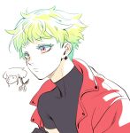  1boy 302 alternate_hair_length alternate_hairstyle colored_eyelashes earrings firefighter_jacket green_hair highres jacket jewelry lio_fotia male_focus messy_hair promare red_eyes red_jacket short_hair solo turtleneck violet_eyes 