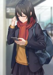  1girl absurdres bag bangs black_hair cellphone hand_in_hair handbag highres holding holding_phone indoors irise looking_away looking_down medium_hair original phone scarf school_uniform skirt solo standing unbuttoned uniform 