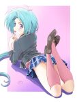  1girl ass blue_hair blush breasts full_body haou_taikei_ryuu_knight highres long_hair looking_at_viewer nori_(norimakigumo) open_mouth paffy_pafuricia panties skirt smile solo thigh-highs underwear very_long_hair violet_eyes 