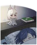  1girl animal_ears bangs bed blanket blue_hair blush book happy_meek_(umamusume) highres horse_ears horse_girl horse_tail kiryuuin_aoi pen phone pillow puzzle157xxx red_eyes sleep_bubble sleeping sparkle tail umamusume under_covers 