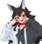  1girl animal_(vocaloid) animal_ear_fluff animal_ears bangs black_hair black_nails brown_eyes commentary_request daichi_(daichi_catcat) facepaint hair_ornament hairclip hands_up heart heart_in_mouth highres hololive long_sleeves multicolored_hair nail_polish ookami_mio open_mouth redhead simple_background solo streaked_hair two-tone_hoodie upper_body virtual_youtuber white_background wolf_ears 