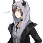  1girl arknights brown_hair buttons collar commentary_request highres hood hoodie horns jacket oripathy_lesion_(arknights) raw_egg_lent red_eyes shirt short_hair simple_background solo vulcan_(arknights) white_shirt 