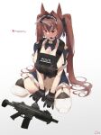  1girl absurdres animal_ears aronman assault_rifle blue_bow blue_bowtie blush bow bowtie breasts brown_hair bulletproof_vest daiwa_scarlet_(umamusume) detached_collar earpiece fang fn_scar garter_straps gloves gradient gradient_background grey_background gun hair_intakes highres horse_ears horse_girl large_breasts long_hair looking_at_viewer magazine_(weapon) patch red_eyes rifle sideboob signature solo tactical_clothes thigh-highs twintails twitter_username umamusume very_long_hair visor weapon white_background 