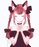  1girl adapted_costume animal_ear_fluff animal_ears bangs bare_shoulders black_choker black_dress braid cat_ears choker closed_eyes closed_mouth collarbone dress extra_ears eyebrows_visible_through_hair eyelashes fang gin_fragrans hair_ribbon hands_up kaenbyou_rin light_blush light_smile long_hair off-shoulder_dress off_shoulder one-hour_drawing_challenge own_hands_clasped own_hands_together pointy_ears ribbon sidelocks simple_background skin_fang solo touhou tress_ribbon twin_braids twintails upper_body white_background 