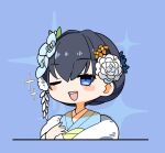  1girl blue_eyes blue_hair blue_kimono blush flower fur_collar hair_flower hair_ornament hand_on_own_chest hololive hololive_english japanese_clothes jb_jagbung kimono looking_at_viewer obi one_eye_closed ouro_kronii sash simple_background solo sparkle virtual_youtuber 