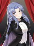  anime_coloring bow bowtie breasts carnival_phantasm dress_shirt fate/stay_night fate_(series) highres large_breasts magician medea_(fate) purple_hair shirt 