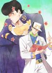  2boys adapted_costume anchor_ornament book diamond_wa_kudakenai haruko_(chikadoh) hat heart higashikata_josuke index_finger_raised jojo_no_kimyou_na_bouken kujo_jotaro male_focus multiple_boys peace_symbol pompadour reading sweater 