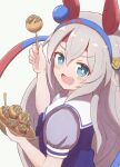  1girl :d animal_ears bangs blue_bow blue_eyes blue_hairband blue_shirt blush bow commentary_request eyebrows_visible_through_hair fang food from_behind grey_background grey_hair hair_between_eyes hairband hands_up highres holding holding_food horse_ears looking_at_viewer looking_back puffy_short_sleeves puffy_sleeves sattenimukatte school_uniform shirt short_sleeves simple_background smile solo takoyaki tamamo_cross_(umamusume) tracen_school_uniform umamusume v-shaped_eyebrows 