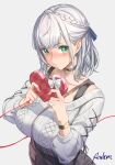  1girl artist_name black_choker blue_ribbon box breasts choker green_eyes grey_background hair_ribbon heart-shaped_box highres holding holding_box hololive large_breasts long_sleeves looking_at_viewer reulem ribbon shirogane_noel short_hair simple_background sweater valentine virtual_youtuber watch white_hair white_sweater 