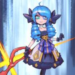  1girl ahoge bangs black_bow black_gloves blue_hair bow breasts collarbone commentary_request dress drill_hair eyebrows_visible_through_hair feet_out_of_frame gloves gradient gradient_background green_eyes gwen_(league_of_legends) hair_bow heterochromia holding league_of_legends long_hair phantom_ix_row scissors shiny shiny_hair smile twin_drills twintails 