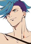  1boy 302 blue_eyes blue_hair detached_sleeves galo_thymos highres male_focus portrait promare sidecut single_detached_sleeve smile solo spiky_hair topless_male 