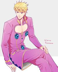  1boy blonde_hair blue_eyes braid braided_ponytail bug cleavage_cutout clothing_cutout giorno_giovanna hand_on_own_knee haruko_(chikadoh) jojo_no_kimyou_na_bouken ladybug male_focus solo vento_aureo wing_ornament 