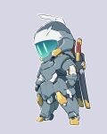  chibi clenched_hands from_side grey_background highres ishiyumi katana looking_down mecha no_humans original science_fiction solo standing sword visor weapon weapon_on_back 