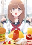  1girl 7_calpis_7 :o bangs black_sailor_collar blush brown_eyes brown_hair burger chair collarbone commentary_request cream_puff cup drink drinking_glass drinking_straw eyebrows_visible_through_hair food fork fruit hands_up holding holding_fork holding_spoon long_hair looking_at_viewer neckerchief omurice on_chair open_mouth original parfait plate red_neckerchief sailor_collar school_uniform serafuku shirt sitting solo sparkle spoon strawberry table upper_body white_shirt 