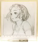  1girl absurdres border closed_mouth collarbone english_text expressionless floating_hair goggles goggles_on_head graphite_(medium) greyscale highres looking_afar looking_away looking_to_the_side mechanical_pencil monochrome murata_range original pencil shikishi shirt short_hair short_sleeves solo t-shirt traditional_media upper_body 