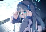  1girl arisu_(blue_archive) blue_archive blue_eyes blue_hair blue_hairband closed_mouth eyebrows_visible_through_hair glasses hair_between_eyes hairband halo jacket keyboard_(computer) long_hair long_sleeves looking_at_viewer mishima_hiroji monitor pen smile solo 