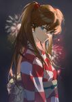  1girl absurdres blue_eyes blurry blurry_background brown_hair checkered_clothes checkered_kimono closed_mouth earrings fireworks from_side headgear highres japanese_clothes jewelry kimono long_hair looking_at_viewer neon_genesis_evangelion shiny shiny_hair solo souryuu_asuka_langley twintails upper_body yhsg yukata 