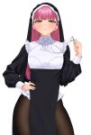  1girl absurdres amane_a_(007_uiro) black_legwear blush breasts cross cross_necklace expressionless frills grey_eyes hand_on_hip highres jewelry long_hair looking_at_viewer necklace nun original pantyhose pink_hair simple_background solo veil white_background 