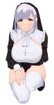  1girl absurdres amane_a_(007_uiro) bangs black_footwear blush breasts cross cross_necklace frills green_eyes grin highres jewelry kneeling long_hair looking_at_viewer necklace nun original purple_hair simple_background smile solo thigh-highs veil white_background white_legwear 