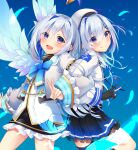  2girls :d absurdres amane_kanata angel angel_wings blue_hair blush bob_cut colored_inner_hair dual_persona feathered_wings feathers hair_intakes hair_ornament hair_over_one_eye hairclip highres hololive locked_arms long_hair looking_at_viewer multicolored_hair multiple_girls short_hair silver_hair smile sumi_tsuki two_side_up violet_eyes virtual_youtuber wings 