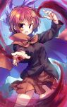 1girl bangs black_shirt blue_background blue_bow bow cloak commission eyebrows_visible_through_hair hair_bow highres isu_(is88) long_sleeves looking_at_viewer open_mouth red_eyes red_skirt redhead sekibanki shirt short_hair skeb_commission skirt solo standing touhou 
