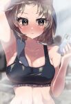  1girl arm_up armpits blush brown_eyes brown_hair camera close-up dripping english_text holding hot indoors looking_at_another messy_hair navel phone solo solo_focus sports_bra sportswear sweat towel towel_around_neck wet 