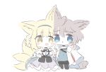  2girls :d :t animal_ear_fluff animal_ears bangs bare_shoulders black_legwear black_skirt blonde_hair blue_eyes blue_hairband blue_shirt braid brown_eyes brown_hair chibi closed_mouth commentary_request cropped_legs eyebrows_visible_through_hair fox_ears fox_girl fox_tail frilled_skirt frills gloves hair_between_eyes hair_rings hairband jacket kitsune multiple_girls nashi_chai1346 open_clothes open_jacket pantyhose pouty_lips purple_skirt shirt simple_background skirt smile sussurro_(arknights) suzuran_(arknights) tail white_background white_gloves white_jacket white_shirt 
