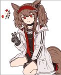 1girl angelina_(arknights) animal_ears arknights bangs between_legs black_gloves black_shirt black_shorts brown_hair closed_mouth coat color_guide commentary english_commentary eyebrows_visible_through_hair fox_ears fox_girl fox_tail full_body gloves hairband hand_between_legs jacket long_hair long_sleeves looking_at_viewer open_clothes open_coat open_jacket red_eyes red_hairband red_jacket shirt short_shorts shorts sidelocks simple_background sitting smile solo sussurrobestmom tail twintails v wariza white_background white_coat 