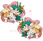  4boys animal_ears battle_tendency blonde_hair bow caesar_anthonio_zeppeli carrot chest_protector chibi dotted_line dual_persona facial_mark fingerless_gloves gloves green_hair hair_ribbon hairband jojo_no_kimyou_na_bouken joseph_joestar joseph_joestar_(young) kemonomimi_mode male_focus micken multiple_boys neckerchief official_alternate_costume one_eye_closed rabbit rabbit_ears rabbit_tail ribbon tail winged_hair_ornament 