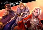  1girl 2boys armor blonde_hair blue_eyes brown_hair cape claude_von_riegan closed_mouth dark_skin dimitri_alexandre_blaiddyd edelgard_von_hresvelg fire_emblem fire_emblem:_three_houses fire_emblem_warriors:_three_hopes gloves green_eyes gzei hair_ornament hair_ribbon highres long_hair long_sleeves multiple_boys multiple_girls red_cape ribbon short_hair smile violet_eyes white_hair 