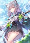  1girl :o animal_ears assault_rifle bag black_jacket black_skirt blue_archive blue_eyes blue_scarf blue_sky clouds cloudy_sky gloves green_gloves grey_hair gun hair_ornament hairpin halo heart highres holding holding_gun holding_weapon jacket looking_at_viewer medium_hair open_mouth outdoors rifle scarf school_uniform shiroko_(blue_archive) shoulder_bag sig_sauer_556 sketch skirt sky tenton_(henatyo) unfinished weapon white_legwear 