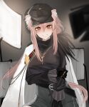  1girl absurdres animal_ears arknights belt black_gloves black_shirt brown_eyes cape gloves gravel_(arknights) gravel_(modeling_night)_(arknights) hat highres jewelry ka_keo long_hair necklace open_mouth pink_hair shirt smile white_cape 