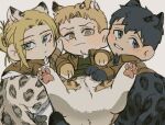  1girl 2boys animal_ears animal_feet animal_hands annie_leonhardt bertolt_hoover blonde_hair blush cheek_squash chibi jaguar_boy jaguar_ears jaguar_girl jaguar_tail kemonomimi_mode looking_at_viewer multiple_boys paradis_military_uniform reiner_braun shingeki_no_kyojin short_hair smile tail tiger_boy tiger_ears tiger_tail zunkome 