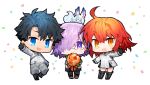  1boy 2girls ahoge bangs black_dress black_gloves black_hair black_legwear blue_eyes chibi creature dress eyebrows_visible_through_hair fate/grand_order fate_(series) flower fou_(fate) fujimaru_ritsuka_(female) fujimaru_ritsuka_(female)_(decisive_battle_chaldea_uniform) fujimaru_ritsuka_(male) fujimaru_ritsuka_(male)_(decisive_battle_chaldea_uniform) glasses gloves hair_over_one_eye holding holding_flower jacket light_purple_hair long_hair long_sleeves looking_at_viewer mash_kyrielight multiple_girls necktie open_mouth orange_eyes orange_hair pantyhose purple_hair routo short_hair simple_background skirt smile standing uniform violet_eyes white_background white_jacket yellow_eyes 