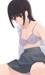  1girl black_hair black_skirt bra breasts brown_eyes collarbone highres hiroki_(yyqw7151) looking_to_the_side medium_breasts original panties shirt short_hair simple_background sitting skirt solo thighs underwear white_background white_bra white_panties white_shirt 