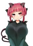  1girl :3 adda animal_ears bangs black_bow blunt_bangs blush bow braid breasts cat_ears cat_tail closed_mouth dress extra_ears eyebrows_visible_through_hair frills green_dress hair_bow hair_ribbon head_tilt huge_breasts kaenbyou_rin long_hair long_sleeves looking_at_viewer multiple_tails nekomata red_eyes redhead ribbon simple_background smile solo tail touhou tress_ribbon twin_braids twintails two_tails upper_body v-shaped_eyebrows v_arms white_background 