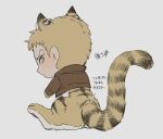  1boy animal_ears animal_feet animal_hands blonde_hair blush chibi from_behind jacket kemonomimi_mode leather leather_jacket looking_at_viewer male_focus paradis_military_uniform reiner_braun shingeki_no_kyojin short_hair solo tail tiger_boy tiger_ears tiger_tail translation_request zunkome 